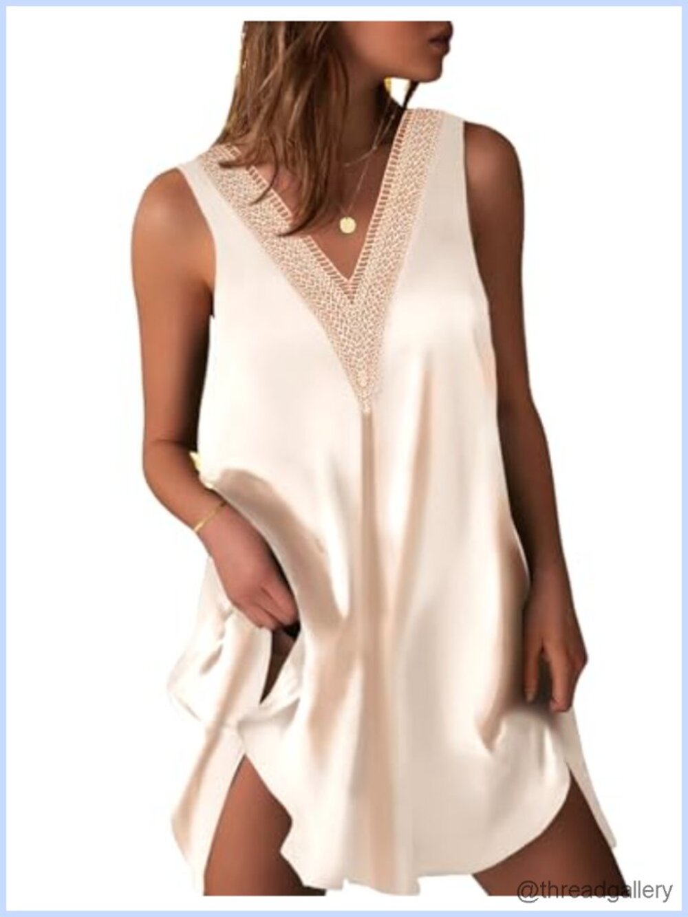 Satin V Neck Nightgown Sleeveless Tank Sleepwear Nightdress Lace